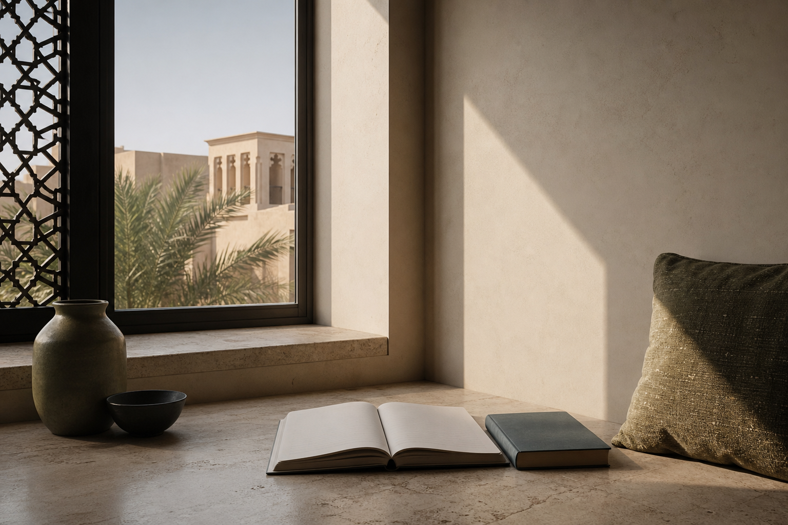 دفتر مفتوح وكتاب بجوار نافذة يدخل منها ضوء الصباح